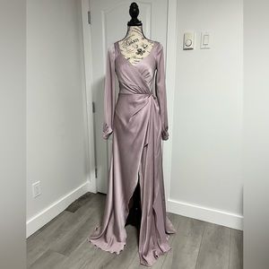 Satin lantern sleeve draped side slit long dress - lilac purple - xS